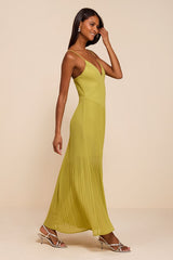 Mura Chartreuse Pleated Drop Waist Midi Dress