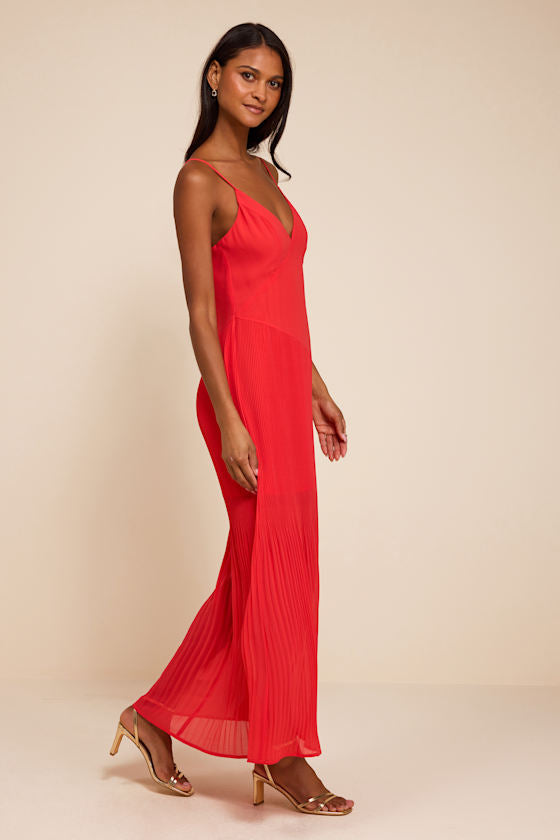 Mura Bright Red Pleated Drop Waist Midi Dress