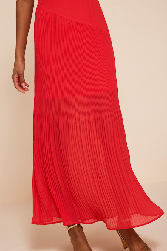 Mura Bright Red Pleated Drop Waist Midi Dress