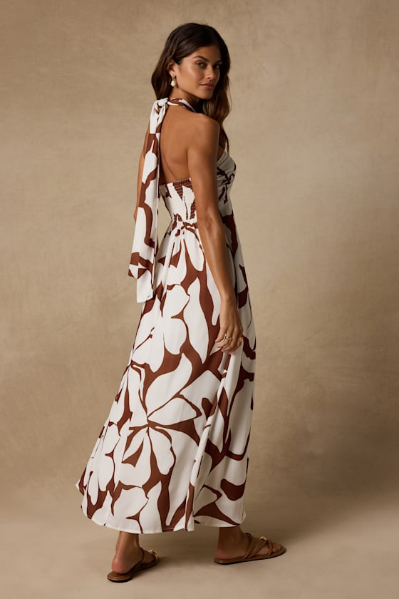 Adalina Brown and White Floral Halter Midi Dress