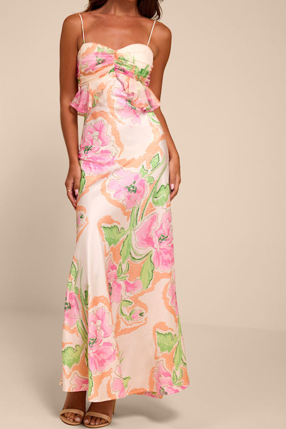 Cattina Blush Multi Floral Satin Tie-Back Maxi Dress