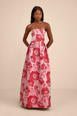 Elsa Light Pink Floral Jacquard Strapless Maxi Dress