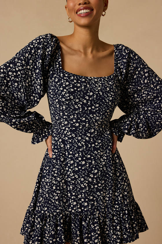 Coy Charm Navy Floral Print Long Sleeve Mini Dress