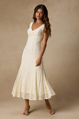 Effie Cream Lace V-Neck Midi Dress