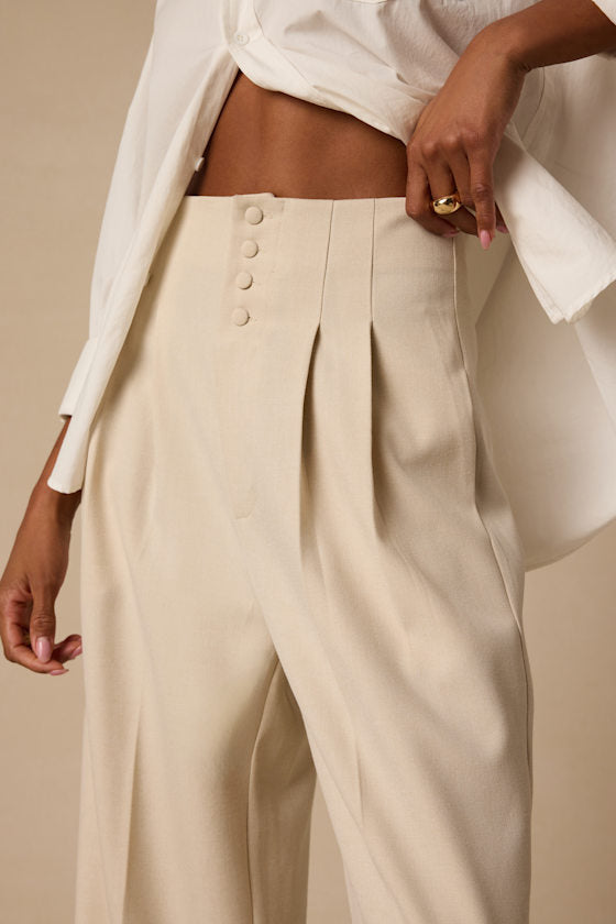 Rina Light Beige Pleated High-Rise Trousers