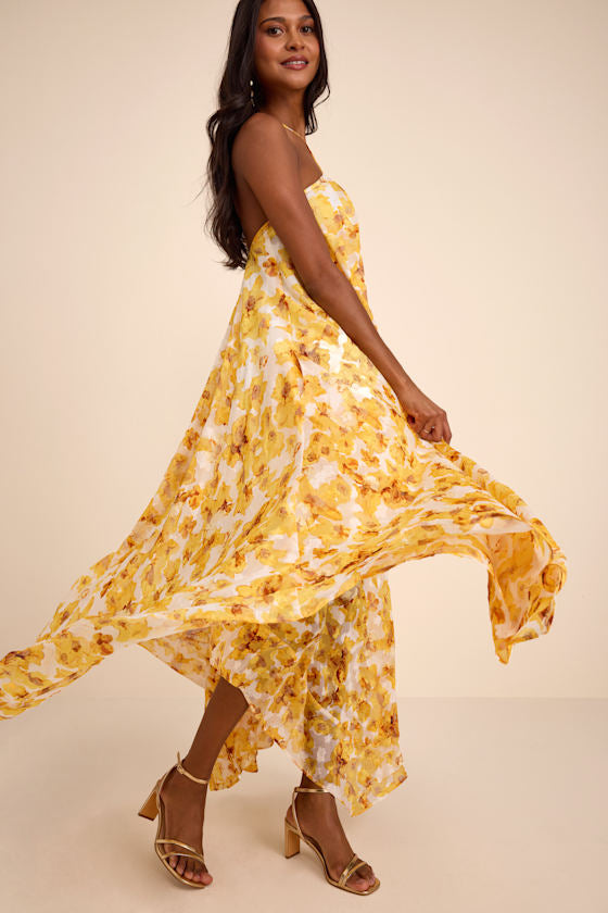 Dezzi Yellow Multi Floral Halter Shift Maxi Dress