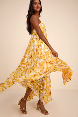 Dezzi Yellow Multi Floral Halter Shift Maxi Dress
