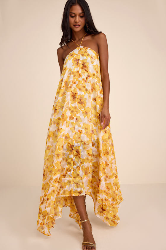 Dezzi Yellow Multi Floral Halter Shift Maxi Dress