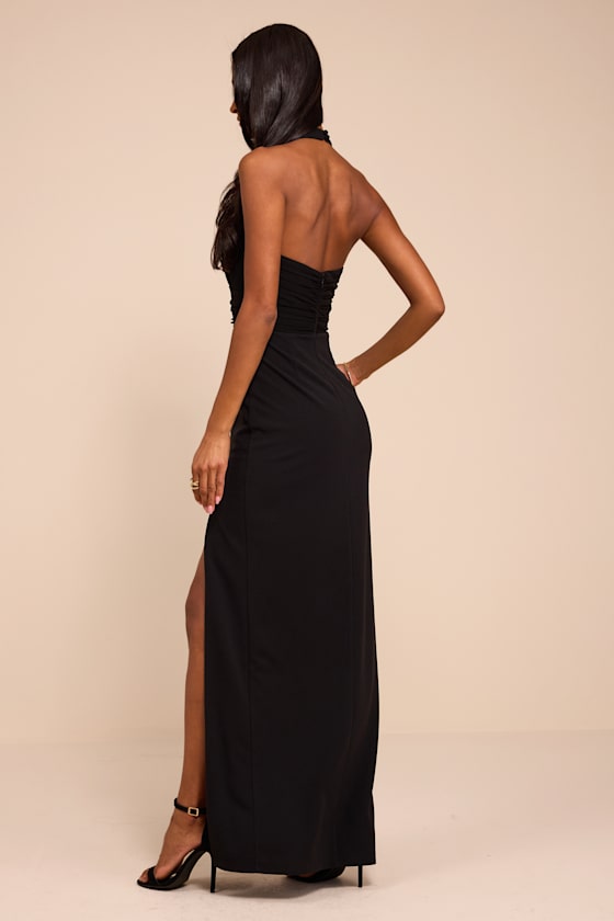 Baani Black Column Halter Maxi Dress