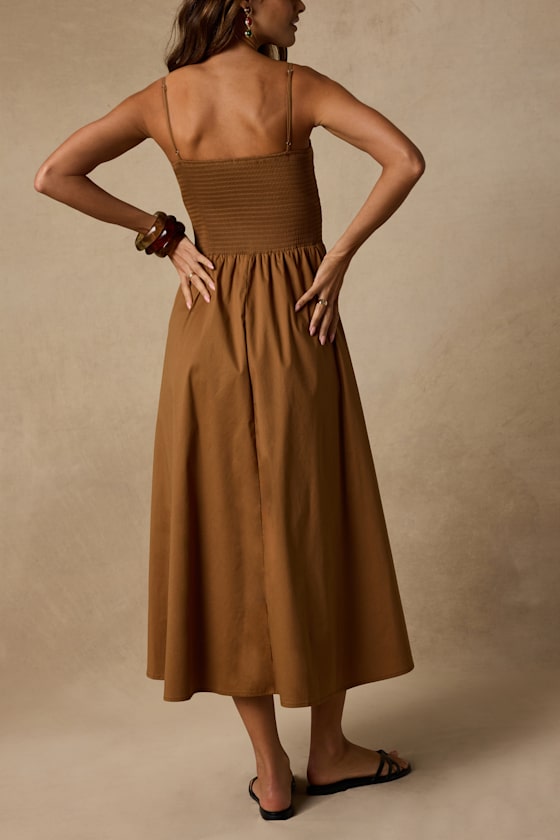 Tandria Light Brown Smocked Sleeveless Midi Dress