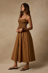 Tandria Light Brown Smocked Sleeveless Midi Dress
