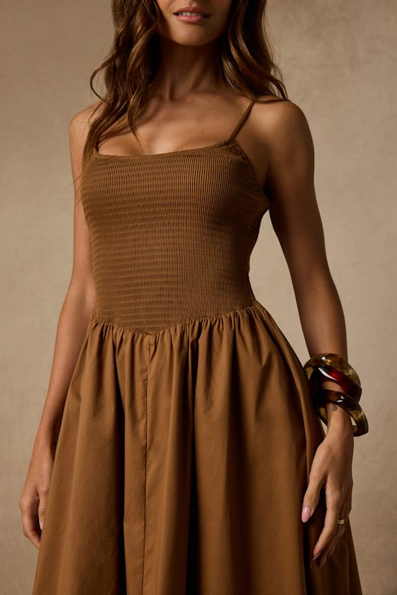 Tandria Light Brown Smocked Sleeveless Midi Dress