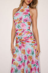 Nancy Light Blue Multi Mesh Halter Midi Dress