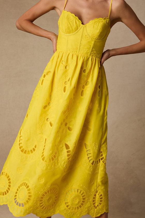 Jenora Yellow Embroidered Bustier Midi Dress