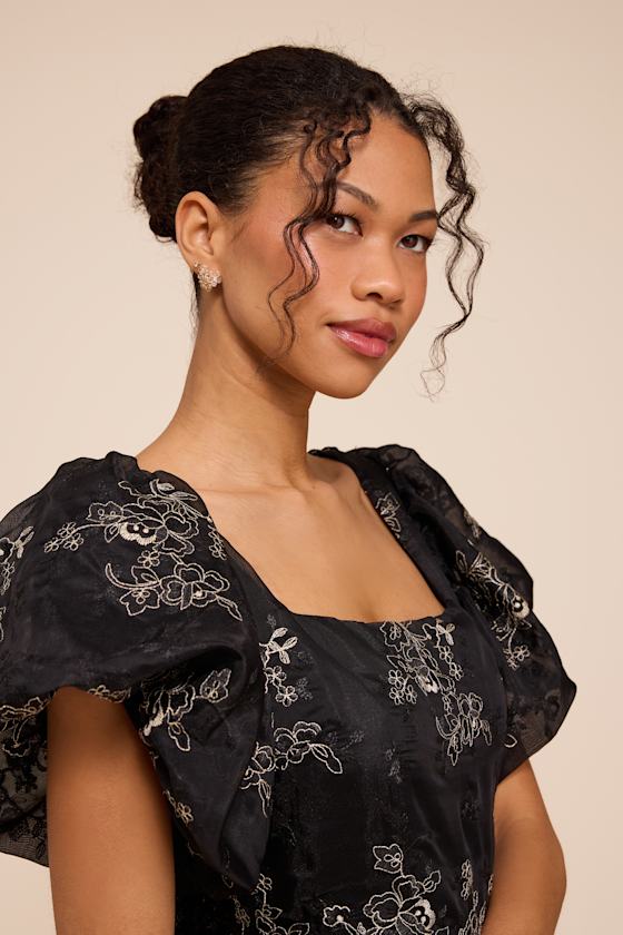 Cathaysa Black Embroidered Puff Sleeve Bow Mini Dress
