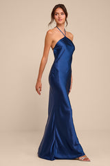 Roya Navy Satin Halter Backless Maxi Dress