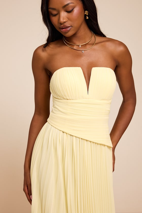 Zea Light Yellow Pleated Drop Waist Maxi Dress