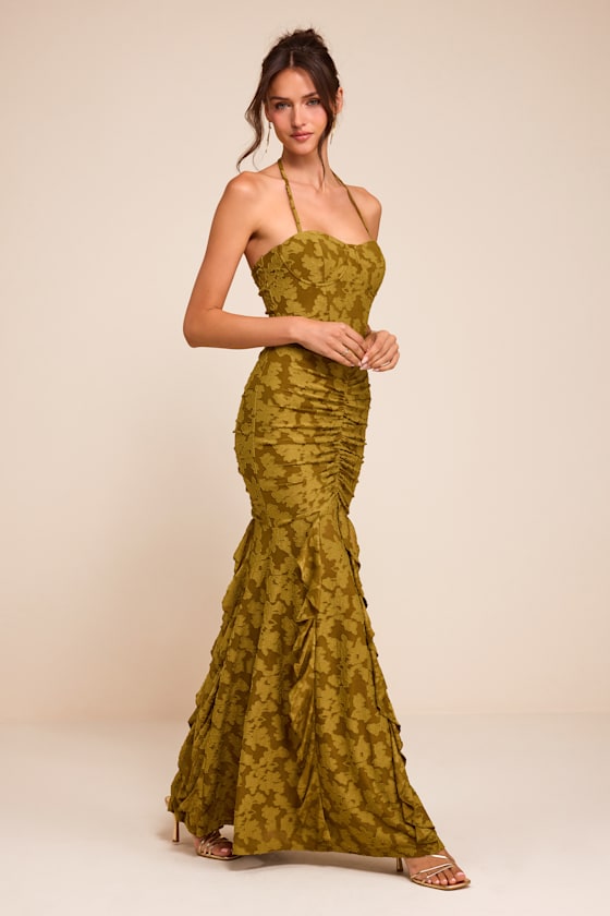 Dimona Olive Floral Burnout Ruched Maxi Dress