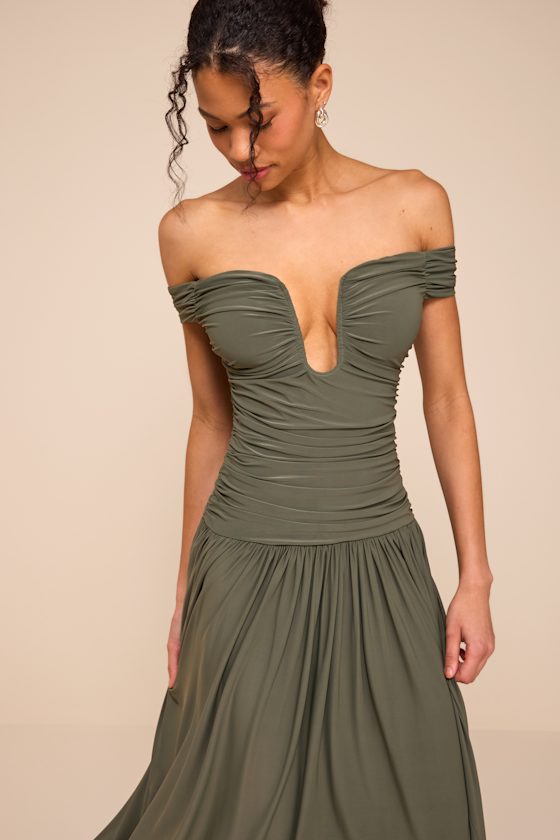 Aniya Olive Jersey Knit Drop Maxi Dress