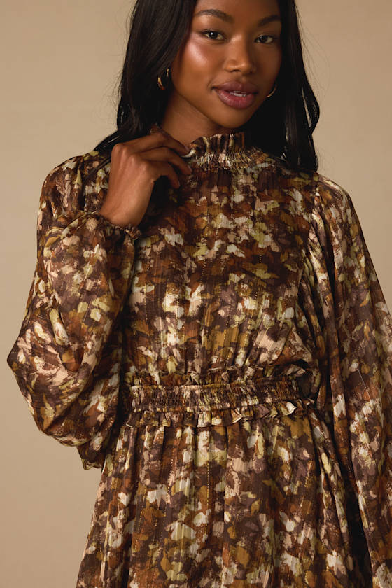 Andie Brown Multi Abstract Floral Mock Neck Mini Dress