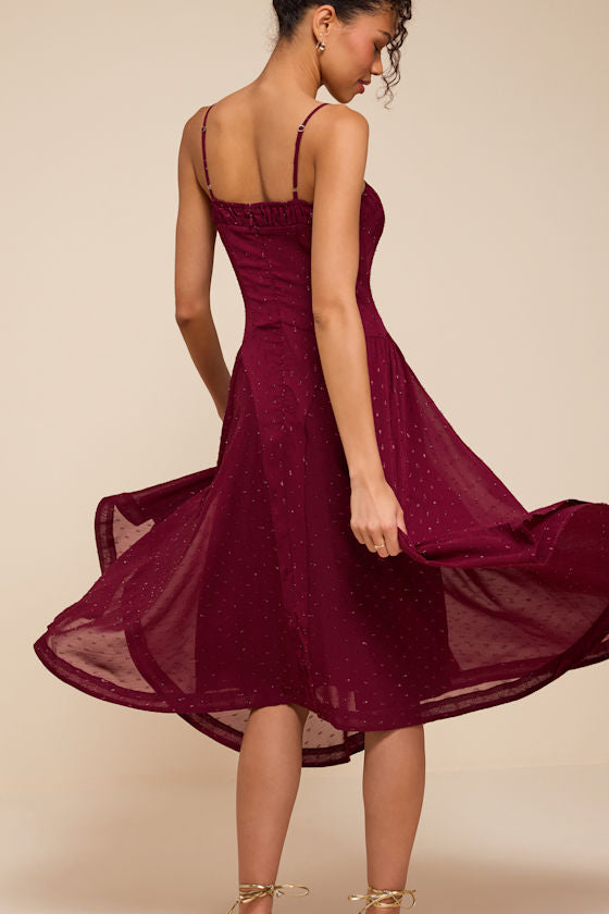 Arianna Burgundy Clip Dot Lurex Midi Dress