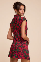 Ariya Red Multi Floral Satin Mock Neck Mini Dress