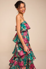 Nia Teal Multi Jacquard Organza Tiered Midi Dress