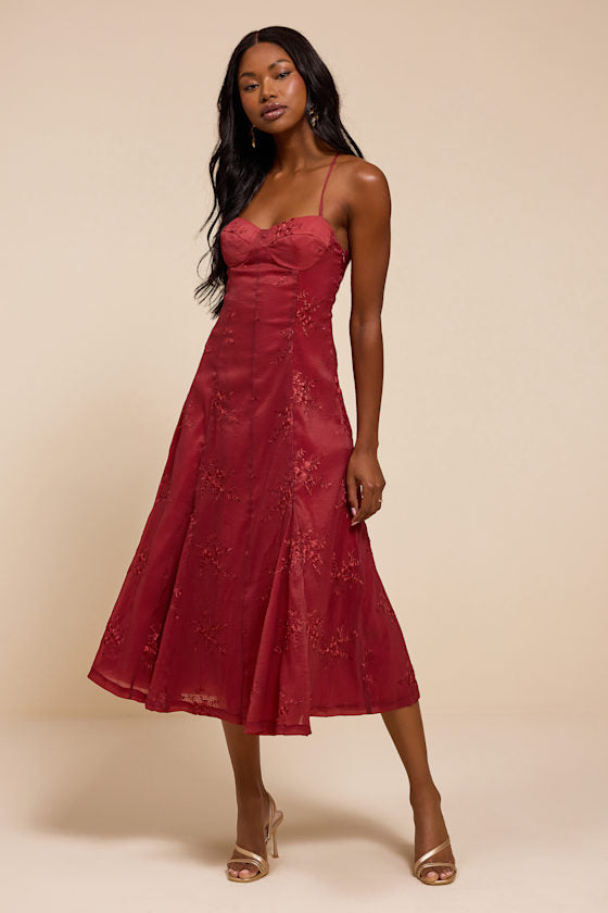 Ailene Red Embroidered Bustier Midi Dress