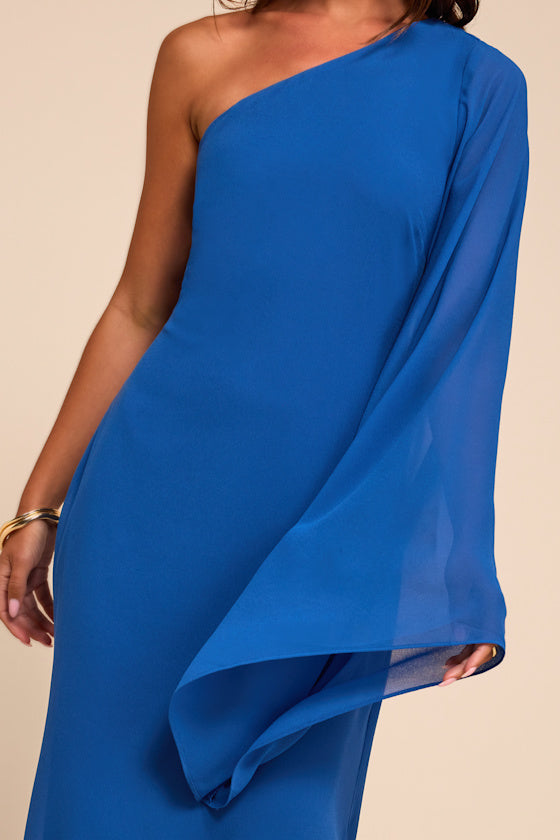 Elizabeth Blue One-Shoulder Bell Sleeve Maxi Dress