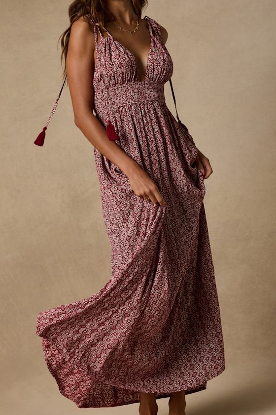Field Day Wine Red Print Tie-Strap Maxi Dress