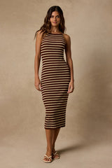 Naisha Brown and Yellow Striped Ribbed Knit Midi Dress