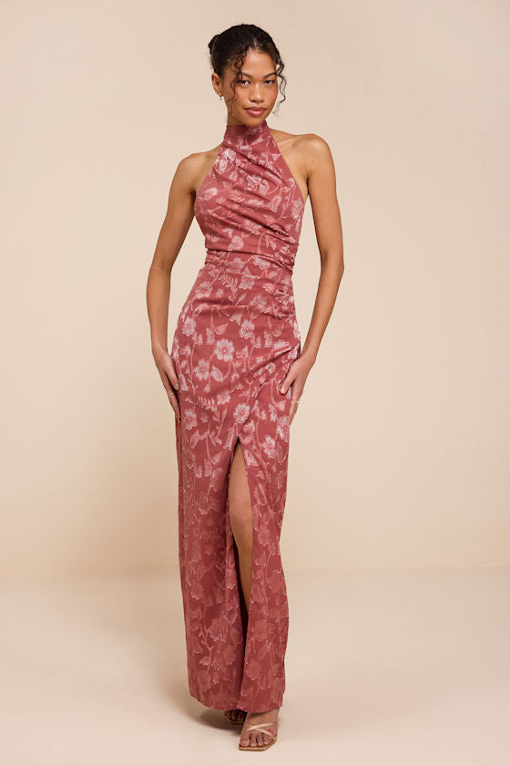 Felicia Rusty Rose Floral Burnout Column Maxi Dress