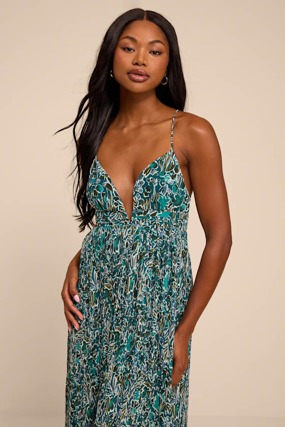 Kit Teal Multi Floral Pleated Lace-Up Maxi Dress