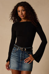 Maelis Black Ribbed Knit Long Sleeve Boat Neck Top