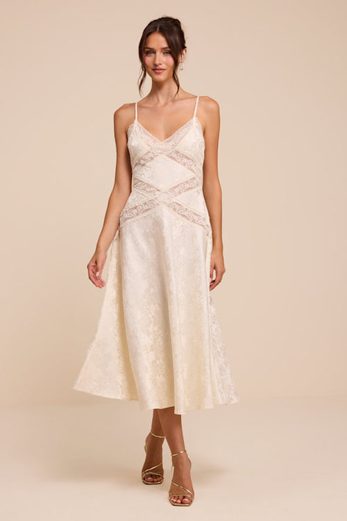 Adia Ivory Floral Jacquard Satin Midi Dress