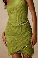 Prima Lime Knit Beaded Lace-Up Mini Dress