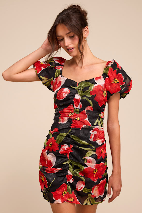 Sahana Black Multi Floral Ruched Mini Dress