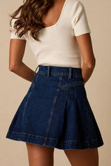 Lorann Dark Wash Pleated Denim Mini Skirt