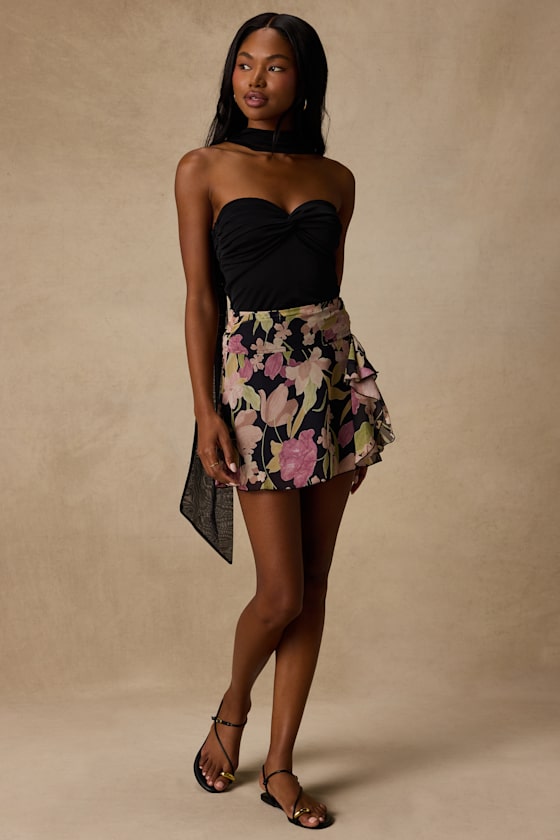 Bayla Black Multi Floral Ruffled Mini Skirt