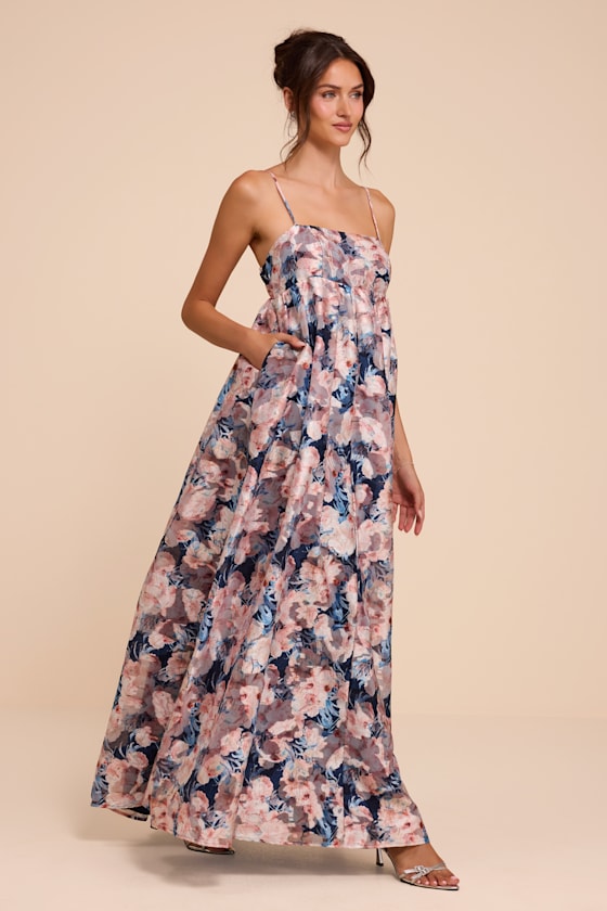 Carmen Navy Multi Floral Jacquard Babydoll Maxi Dress