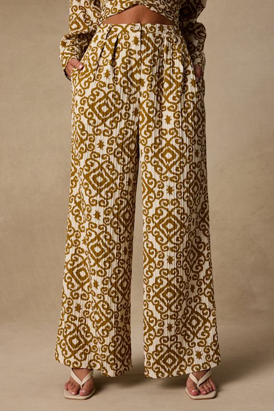 Cove Ivory and Tan Boho Print Wide-Leg Trousers
