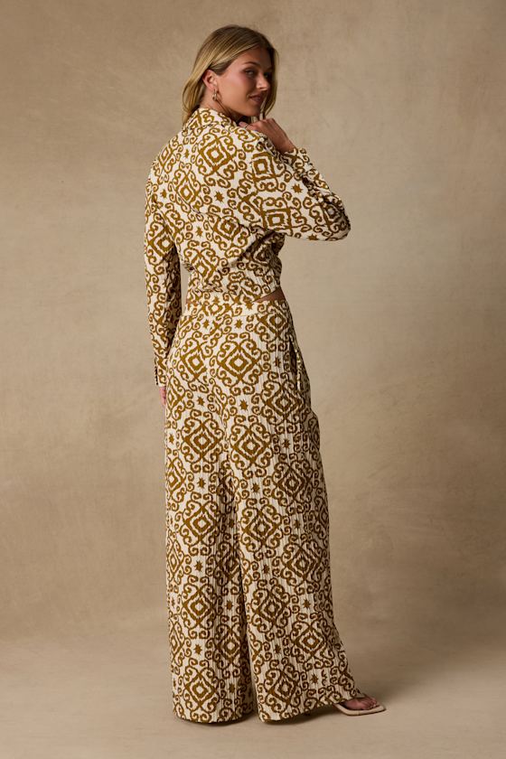 Cove Ivory and Tan Boho Print Wide-Leg Trousers