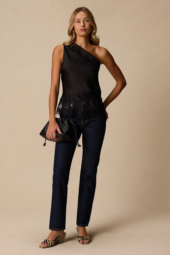 Aris Black Satin Lace One-Shoulder Top