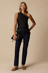 Aris Black Satin Lace One-Shoulder Top
