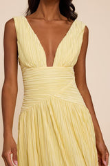 Evaluna Light Yellow Plisse Maxi Dress