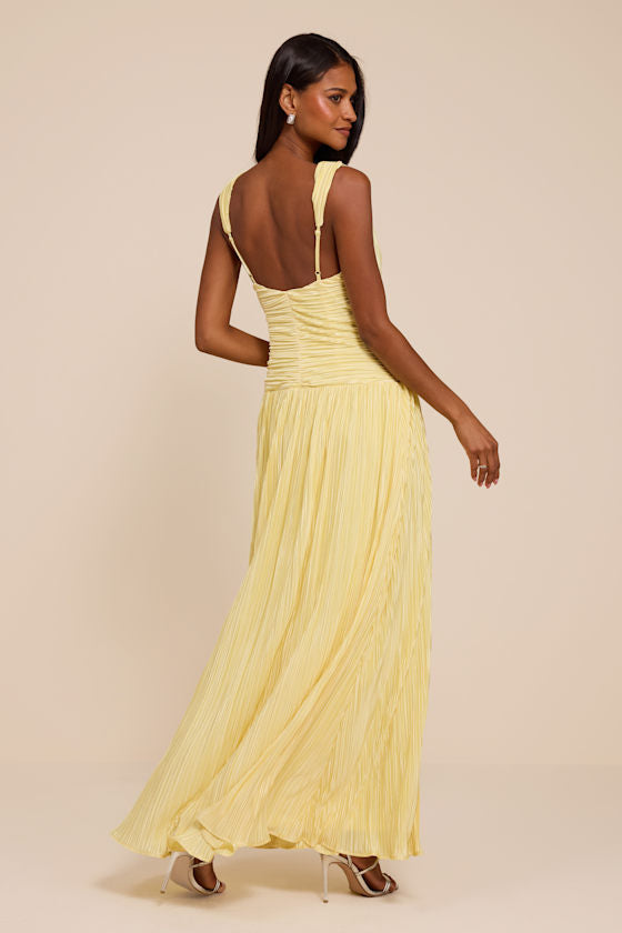 Evaluna Light Yellow Plisse Maxi Dress