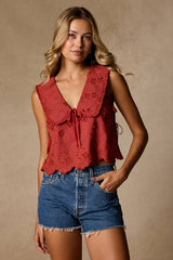 Shani Rust Red Embroidered Collared Tank Top