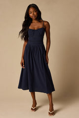 Elina Navy Pleated Midi Dress