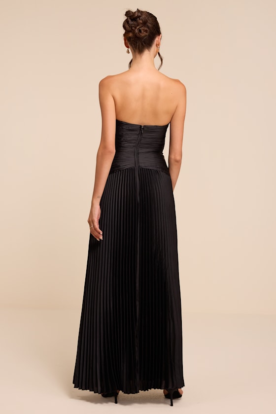 Elkay Black Pleated Satin Drop Waist Maxi Dress