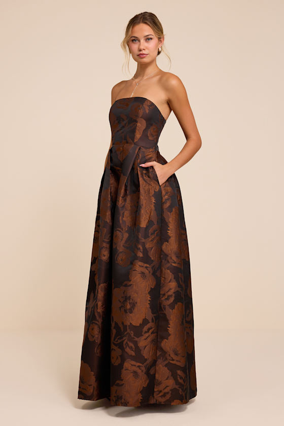 Laurelin Brown Floral Jacquard Pleated Strapless Maxi Dress